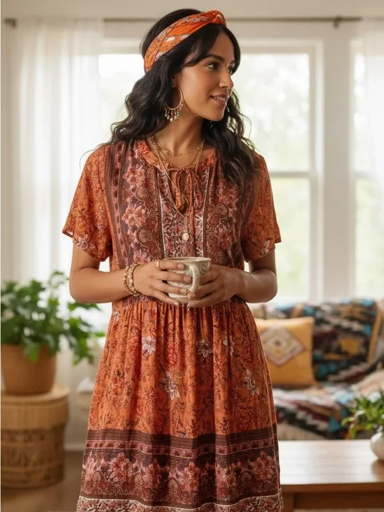 Boho Mini Dress Rust Floral Paisley Cottagecore Western Festival Summer Large - Picture 4 of 11